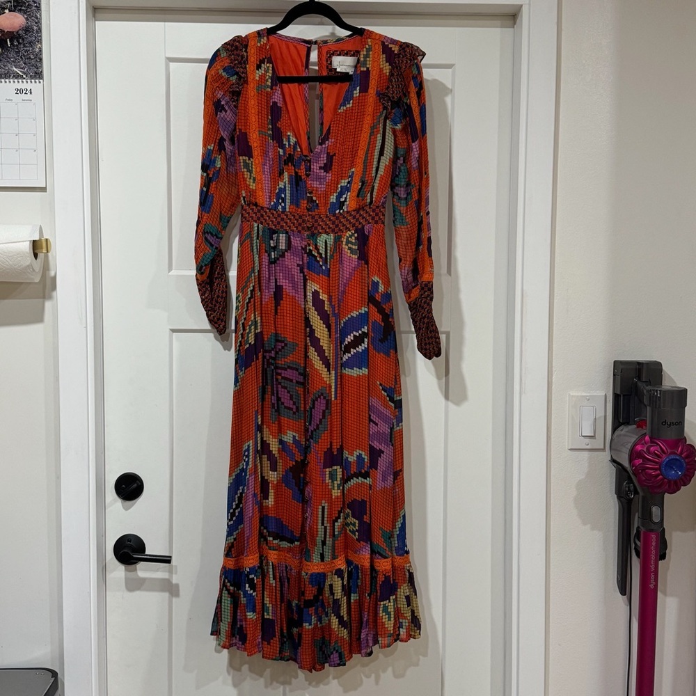 Anthropologie long sleeve dress, Red/Floral - XS
